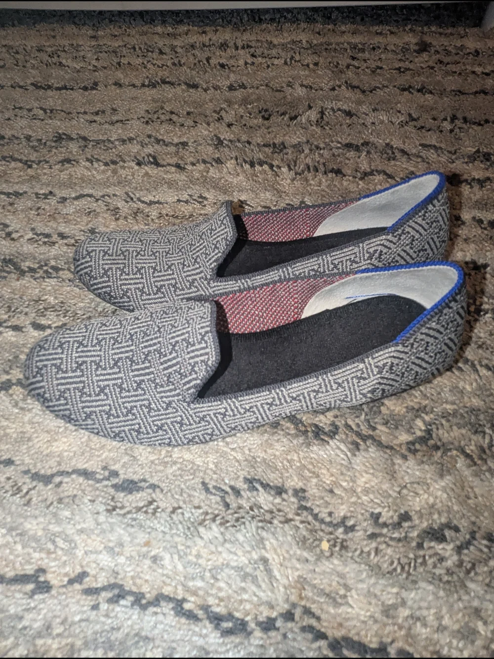 Rothy's Grey Woven Slip-On Loafers with Blue Trim
